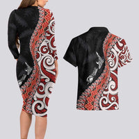 Aotearoa Maori Stylized Koru - Silver Ferns Couples Matching Long Sleeve Bodycon Dress and Hawaiian Shirt LT03 - Polynesian Pride