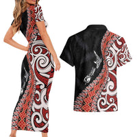 Aotearoa Maori Stylized Koru - Silver Ferns Couples Matching Short Sleeve Bodycon Dress and Hawaiian Shirt LT03 - Polynesian Pride