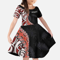 Aotearoa Maori Stylized Koru - Silver Ferns Family Matching Summer Maxi Dress and Hawaiian Shirt LT03 Daughter's Dress Red - Polynesian Pride