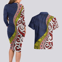 Aotearoa and Niue Couples Matching Long Sleeve Bodycon Dress and Hawaiian Shirt Hiapo Maori Stylized Koru LT03 - Polynesian Pride