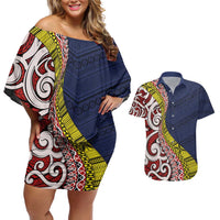 Aotearoa and Niue Couples Matching Off Shoulder Short Dress and Hawaiian Shirt Hiapo Maori Stylized Koru LT03 Blue - Polynesian Pride