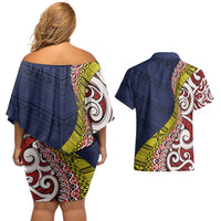 Aotearoa and Niue Couples Matching Off Shoulder Short Dress and Hawaiian Shirt Hiapo Maori Stylized Koru LT03 - Polynesian Pride