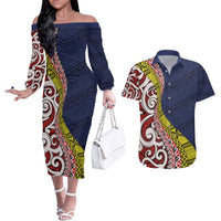 Aotearoa and Niue Couples Matching Off The Shoulder Long Sleeve Dress and Hawaiian Shirt Hiapo Maori Stylized Koru LT03 Blue - Polynesian Pride