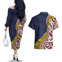 Aotearoa and Niue Couples Matching Off The Shoulder Long Sleeve Dress and Hawaiian Shirt Hiapo Maori Stylized Koru LT03 - Polynesian Pride