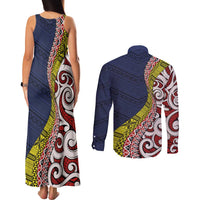 Aotearoa and Niue Couples Matching Tank Maxi Dress and Long Sleeve Button Shirt Hiapo Maori Stylized Koru LT03 - Polynesian Pride