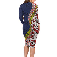 Aotearoa and Niue Family Matching Long Sleeve Bodycon Dress and Hawaiian Shirt Hiapo Maori Stylized Koru LT03 - Polynesian Pride