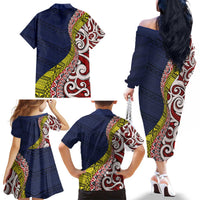 Aotearoa and Niue Family Matching Off The Shoulder Long Sleeve Dress and Hawaiian Shirt Hiapo Maori Stylized Koru LT03 - Polynesian Pride