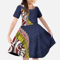 Aotearoa and Niue Family Matching Off Shoulder Maxi Dress and Hawaiian Shirt Hiapo Maori Stylized Koru LT03 Daughter's Dress Blue - Polynesian Pride