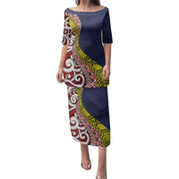 Aotearoa and Niue Family Matching Puletasi and Hawaiian Shirt Hiapo Maori Stylized Koru LT03 Mom's Dress Blue - Polynesian Pride