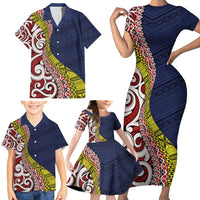 Aotearoa and Niue Family Matching Short Sleeve Bodycon Dress and Hawaiian Shirt Hiapo Maori Stylized Koru LT03 - Polynesian Pride