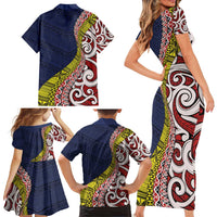 Aotearoa and Niue Family Matching Short Sleeve Bodycon Dress and Hawaiian Shirt Hiapo Maori Stylized Koru LT03 - Polynesian Pride