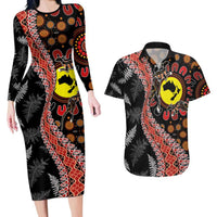 Aotearoa and Australia Couples Matching Long Sleeve Bodycon Dress and Hawaiian Shirt Maori Koru Ferns With Aboriginal Kangaroo LT03 Black - Polynesian Pride