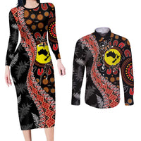 Aotearoa and Australia Couples Matching Long Sleeve Bodycon Dress and Long Sleeve Button Shirt Maori Koru Ferns With Aboriginal Kangaroo LT03 Black - Polynesian Pride