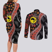 Aotearoa and Australia Couples Matching Long Sleeve Bodycon Dress and Long Sleeve Button Shirt Maori Koru Ferns With Aboriginal Kangaroo LT03 - Polynesian Pride