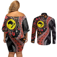 Aotearoa and Australia Couples Matching Off Shoulder Short Dress and Long Sleeve Button Shirt Maori Koru Ferns With Aboriginal Kangaroo LT03 - Polynesian Pride