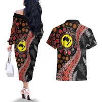Aotearoa and Australia Couples Matching Off The Shoulder Long Sleeve Dress and Hawaiian Shirt Maori Koru Ferns With Aboriginal Kangaroo LT03 - Polynesian Pride
