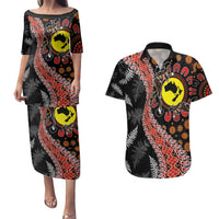 Aotearoa and Australia Couples Matching Puletasi and Hawaiian Shirt Maori Koru Ferns With Aboriginal Kangaroo LT03 Black - Polynesian Pride