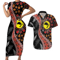 Aotearoa and Australia Couples Matching Short Sleeve Bodycon Dress and Hawaiian Shirt Maori Koru Ferns With Aboriginal Kangaroo LT03 Black - Polynesian Pride