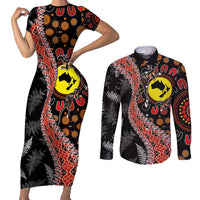Aotearoa and Australia Couples Matching Short Sleeve Bodycon Dress and Long Sleeve Button Shirt Maori Koru Ferns With Aboriginal Kangaroo LT03 Black - Polynesian Pride