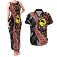 Aotearoa and Australia Couples Matching Tank Maxi Dress and Hawaiian Shirt Maori Koru Ferns With Aboriginal Kangaroo LT03 Black - Polynesian Pride