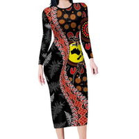 Aotearoa and Australia Family Matching Long Sleeve Bodycon Dress and Hawaiian Shirt Maori Koru Ferns With Aboriginal Kangaroo LT03 Mom's Dress Black - Polynesian Pride
