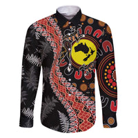 Aotearoa and Australia Family Matching Off The Shoulder Long Sleeve Dress and Hawaiian Shirt Maori Koru Ferns With Aboriginal Kangaroo LT03 Dad's Shirt - Long Sleeve Black - Polynesian Pride