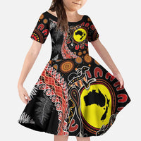 Aotearoa and Australia Family Matching Off Shoulder Maxi Dress and Hawaiian Shirt Maori Koru Ferns With Aboriginal Kangaroo LT03 Daughter's Dress Black - Polynesian Pride