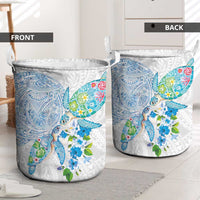 Hawaiian Couple Turtles Honi Laundry Basket Polynesian Art Motifs and Hibiscus White Blue Color LT03 - Polynesian Pride