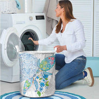 Hawaiian Couple Turtles Honi Laundry Basket Polynesian Art Motifs and Hibiscus White Blue Color LT03 - Polynesian Pride