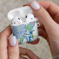 Hawaiian Couple Turtles Honi AirPods Case Polynesian Art Motifs and Hibiscus White Blue Color LT03 - Polynesian Pride