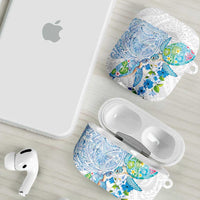 Hawaiian Couple Turtles Honi AirPods Case Polynesian Art Motifs and Hibiscus White Blue Color LT03 - Polynesian Pride