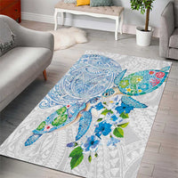 Hawaiian Couple Turtles Honi Area Rug Polynesian Art Motifs and Hibiscus White Blue Color LT03 - Polynesian Pride