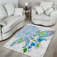 Hawaiian Couple Turtles Honi Area Rug Polynesian Art Motifs and Hibiscus White Blue Color LT03 - Polynesian Pride