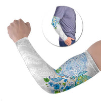 Hawaiian Couple Turtles Honi Arm Sleeves Polynesian Art Motifs and Hibiscus White Blue Color LT03 Set of 2 White - Polynesian Pride