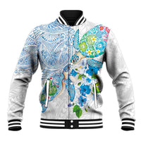 Hawaiian Couple Turtles Honi Baseball Jacket Polynesian Art Motifs and Hibiscus White Blue Color LT03 Unisex White - Polynesian Pride