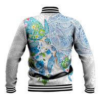 Hawaiian Couple Turtles Honi Baseball Jacket Polynesian Art Motifs and Hibiscus White Blue Color LT03 - Polynesian Pride