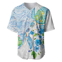 Hawaiian Couple Turtles Honi Baseball Jersey Polynesian Art Motifs and Hibiscus White Blue Color LT03 White - Polynesian Pride