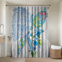 Hawaiian Couple Turtles Honi Bathroom Set Polynesian Art Motifs and Hibiscus White Blue Color LT03 Shower Curtain Only White - Polynesian Pride