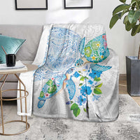 Hawaiian Couple Turtles Honi Blanket Polynesian Art Motifs and Hibiscus White Blue Color LT03 - Polynesian Pride