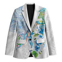 Hawaiian Couple Turtles Honi Blazer Polynesian Art Motifs and Hibiscus White Blue Color LT03 Unisex White - Polynesian Pride