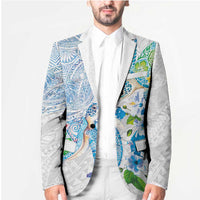 Hawaiian Couple Turtles Honi Blazer Polynesian Art Motifs and Hibiscus White Blue Color LT03 - Polynesian Pride