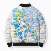 Hawaiian Couple Turtles Honi Bomber Puffer Jacket Polynesian Art Motifs and Hibiscus White Blue Color LT03 - Polynesian Pride