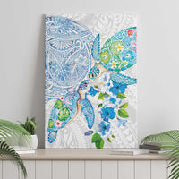 Hawaiian Couple Turtles Honi Canvas Wall Art Polynesian Art Motifs and Hibiscus White Blue Color LT03 - Polynesian Pride
