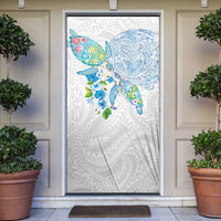 Hawaiian Couple Turtles Honi Door Cover Polynesian Art Motifs and Hibiscus White Blue Color LT03 White - Polynesian Pride