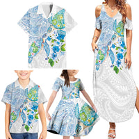 Hawaiian Couple Turtles Honi Family Matching Summer Maxi Dress and Hawaiian Shirt Polynesian Art Motifs and Hibiscus White Blue Color LT03 - Polynesian Pride