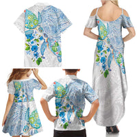 Hawaiian Couple Turtles Honi Family Matching Summer Maxi Dress and Hawaiian Shirt Polynesian Art Motifs and Hibiscus White Blue Color LT03 - Polynesian Pride
