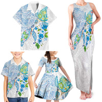 Hawaiian Couple Turtles Honi Family Matching Tank Maxi Dress and Hawaiian Shirt Polynesian Art Motifs and Hibiscus White Blue Color LT03 - Polynesian Pride