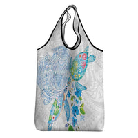 Hawaiian Couple Turtles Honi Grocery Bag Polynesian Art Motifs and Hibiscus White Blue Color LT03 - Polynesian Pride
