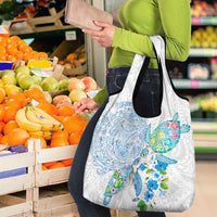 Hawaiian Couple Turtles Honi Grocery Bag Polynesian Art Motifs and Hibiscus White Blue Color LT03 - Polynesian Pride