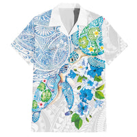 Hawaiian Couple Turtles Honi Hawaiian Shirt Polynesian Art Motifs and Hibiscus White Blue Color LT03 White - Polynesian Pride
